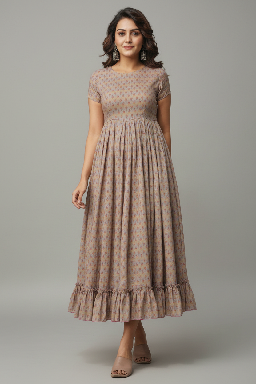 Taupe Rayon Digital Printed Long Anarkali Kurti - rayon saree Main image