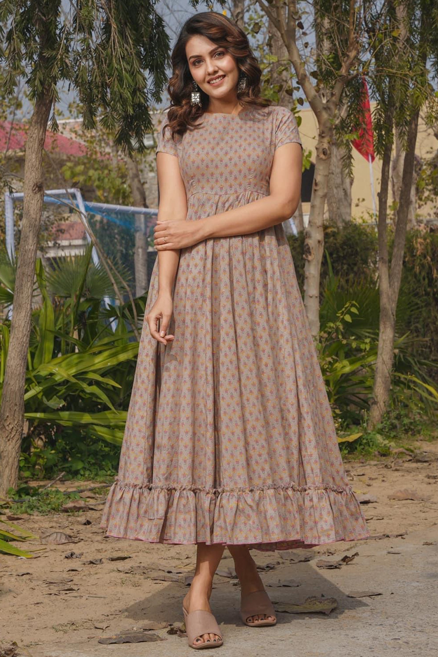 Taupe Rayon Digital Printed Long Anarkali Kurti