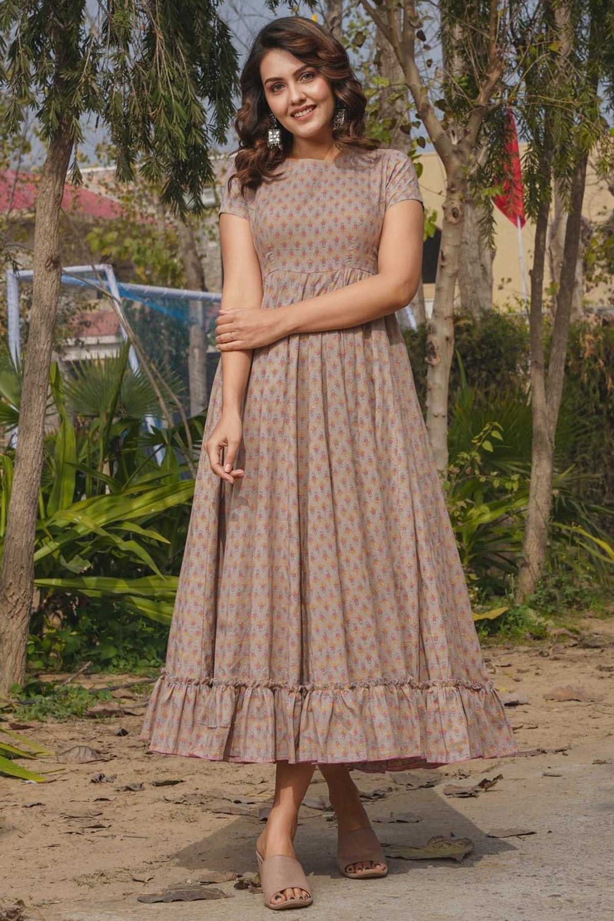 Taupe Rayon Digital Printed Long Anarkali Kurti - rayon saree