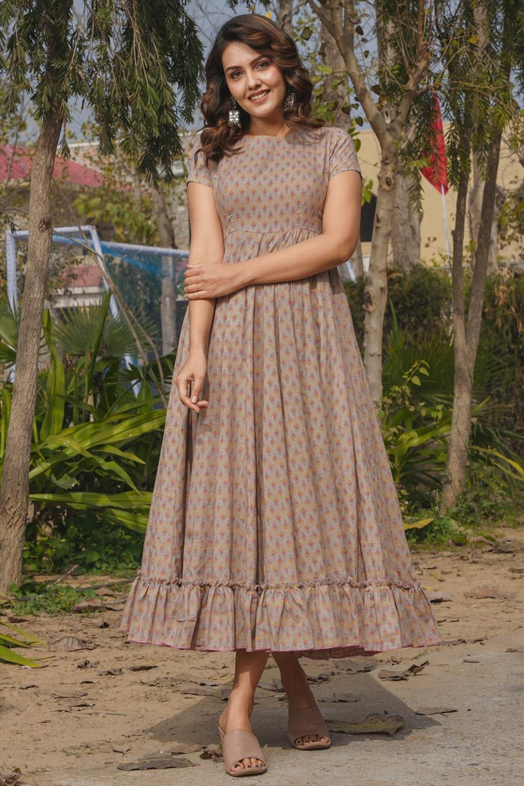 Taupe Rayon Digital Printed Long Anarkali Kurti - rayon saree