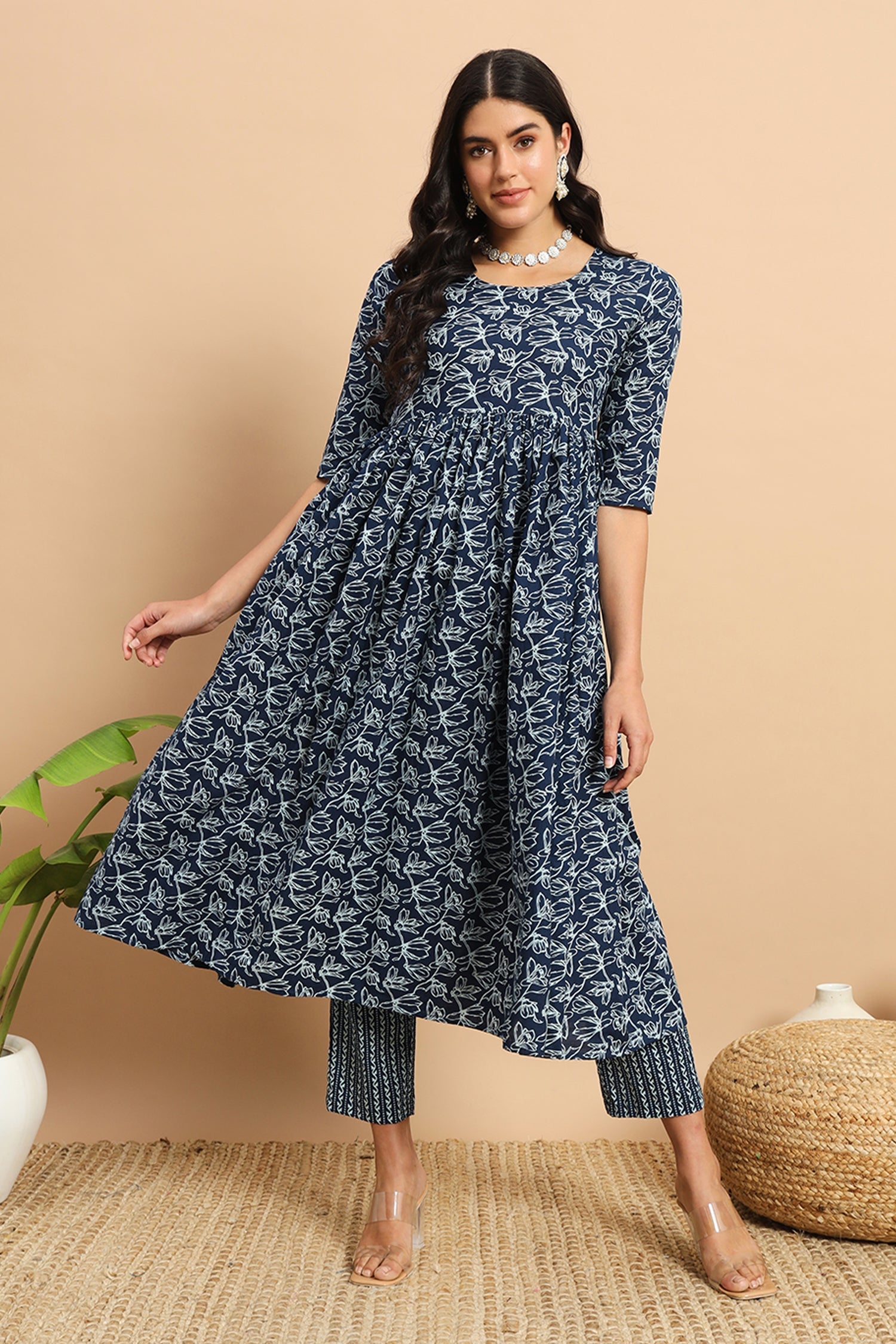 Blue Cotton Printed Anarkali Kurti Set