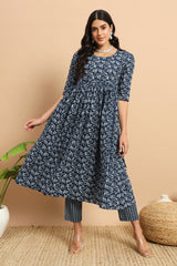 Blue Cotton Printed Anarkali Kurti Set