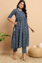 Blue Cotton Printed Anarkali Kurti Set