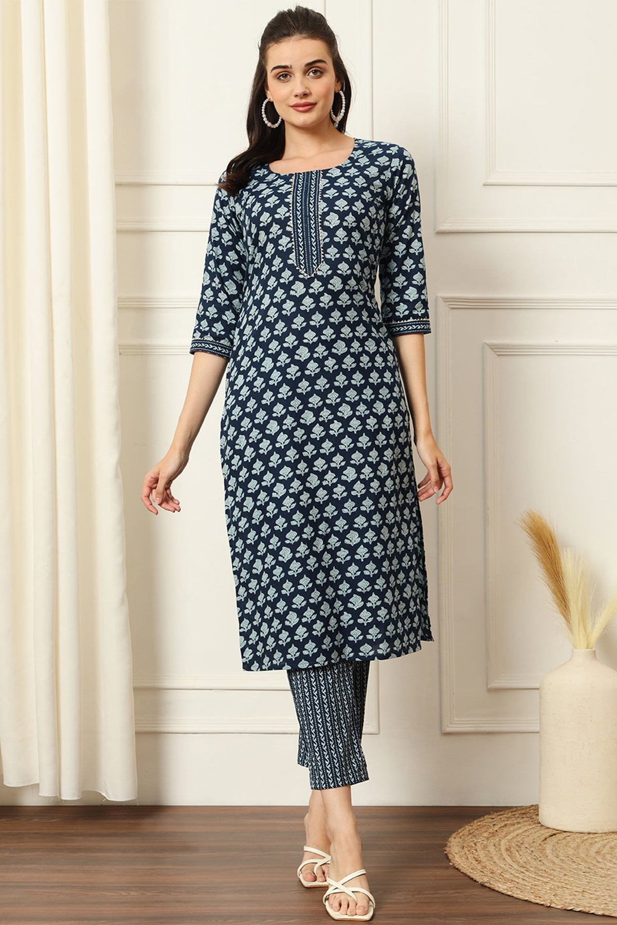 Blue Cotton Printed Straight Cut Kurti Set