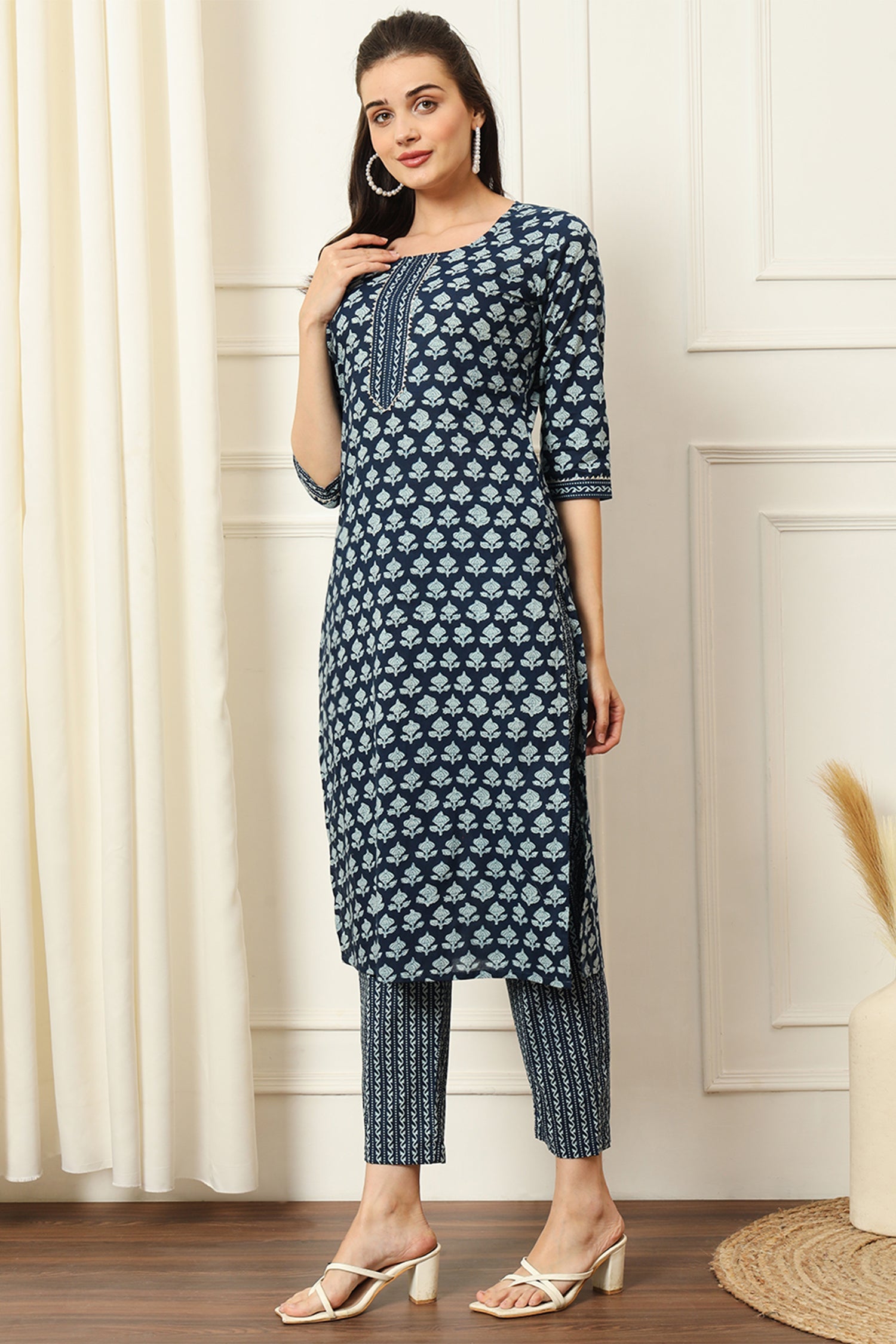 Blue Cotton Printed Straight Cut Kurti Set