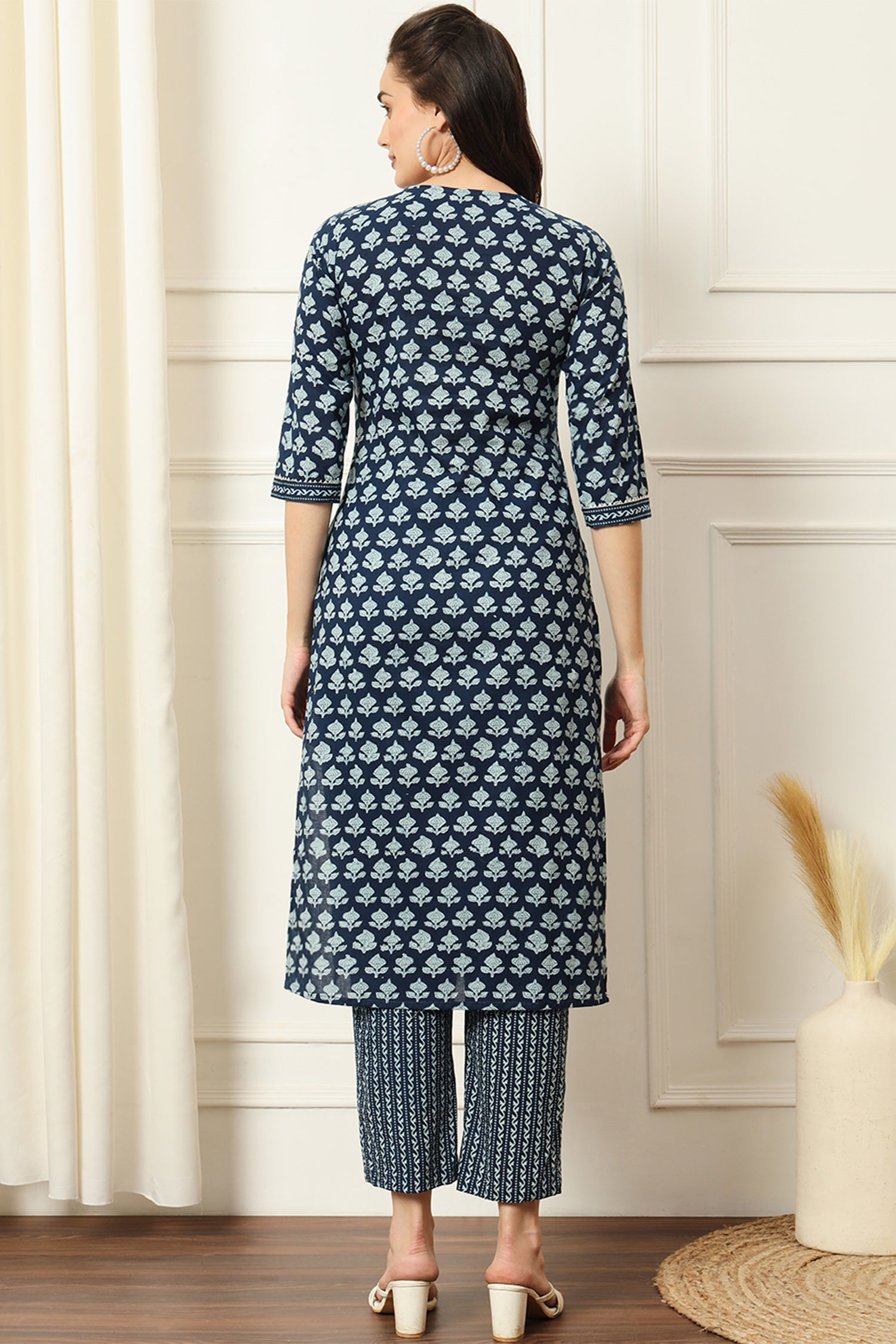 Blue Cotton Printed Straight Cut Kurti Set