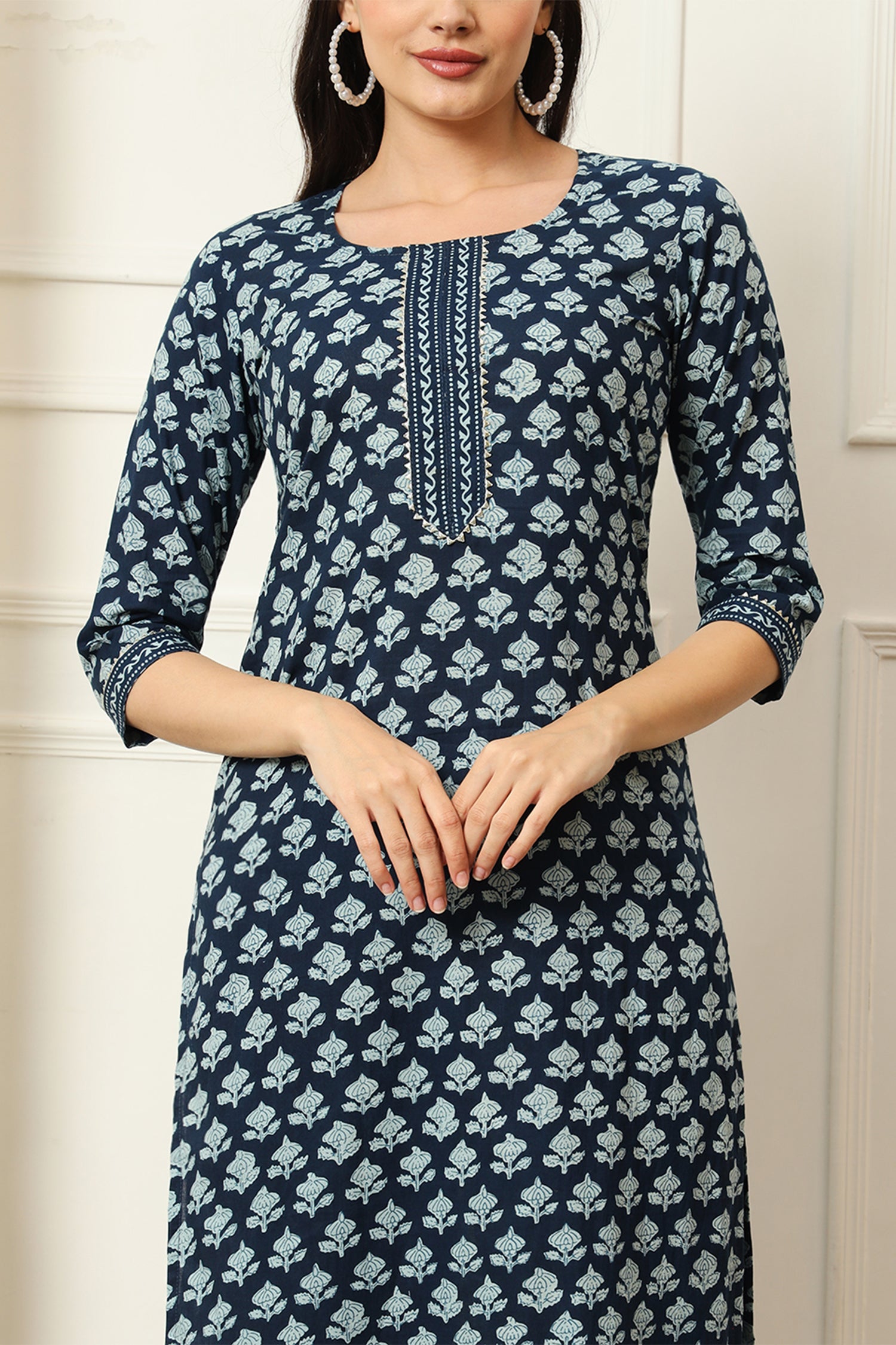 Blue Cotton Printed Straight Cut Kurti Set