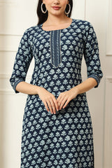 Blue Cotton Printed Straight Cut Kurti Set