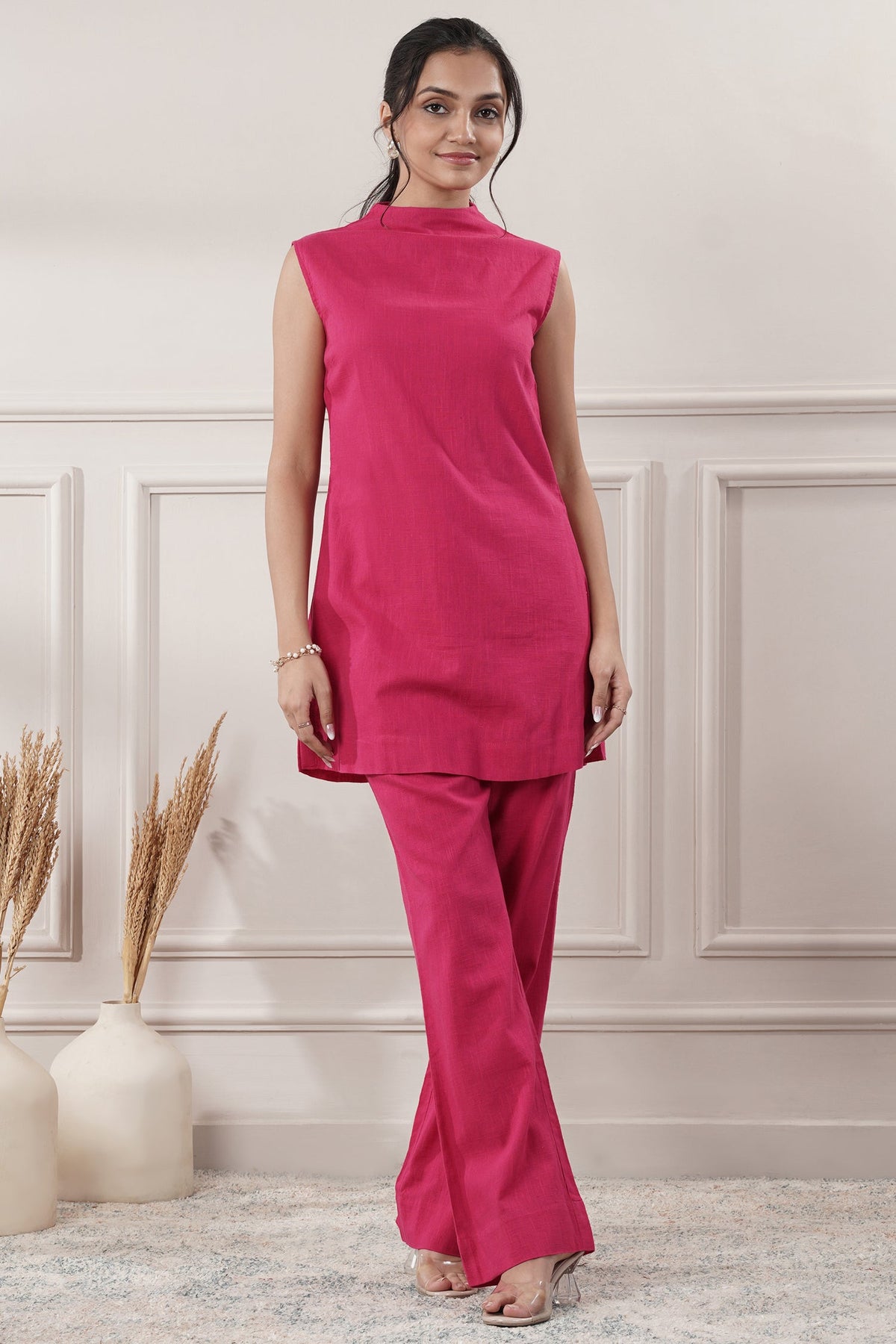 Fuchsia Pink Mock Neck Plain Cotton A Line Co-Ord Set