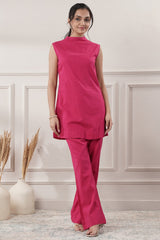 Fuchsia Pink Mock Neck Plain Cotton A Line Co-Ord Set
