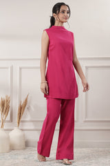 Fuchsia Pink Mock Neck Plain Cotton A Line Co-Ord Set