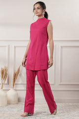 Fuchsia Pink Mock Neck Plain Cotton A Line Co-Ord Set