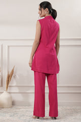 Fuchsia Pink Mock Neck Plain Cotton A Line Co-Ord Set