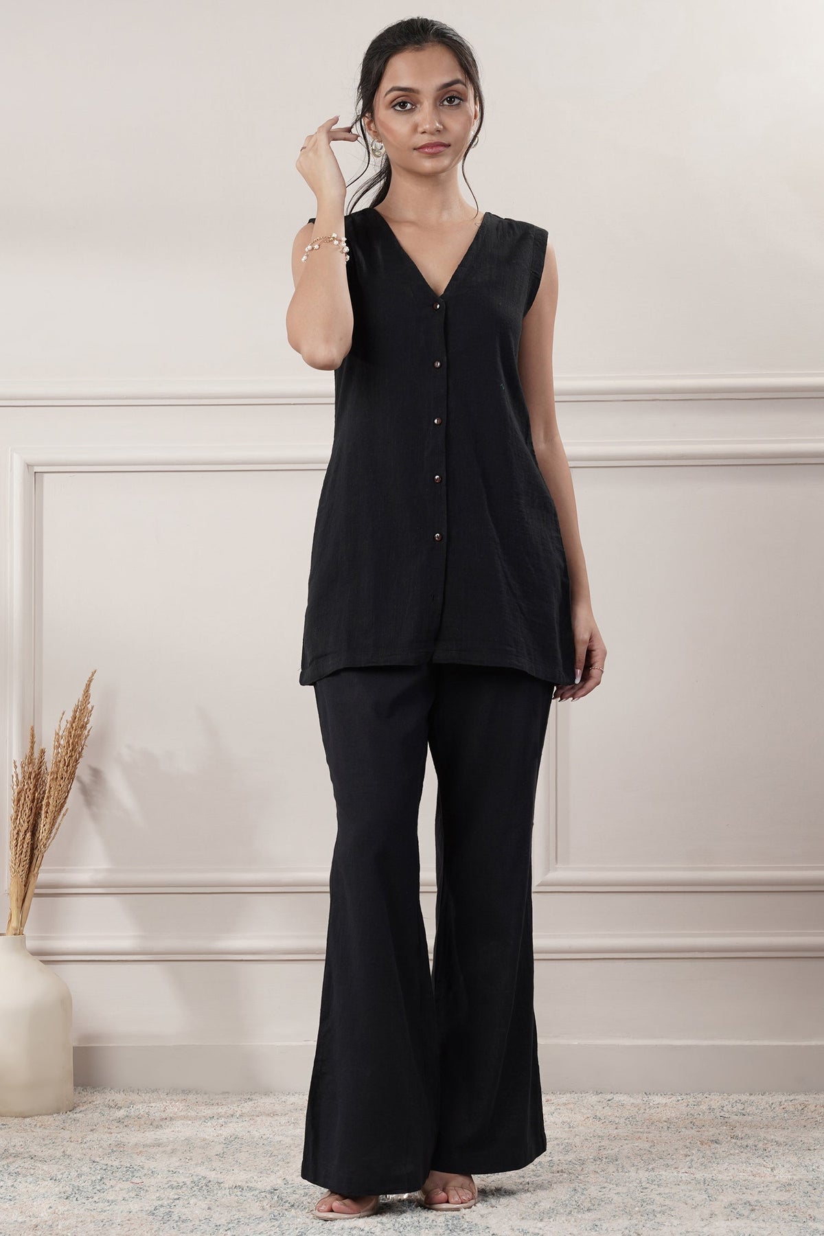 Black V Neck Cotton Plain Co-Ord Set
