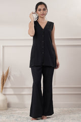 Black V Neck Cotton Plain Co-Ord Set