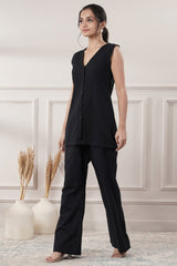 Black V Neck Cotton Plain Co-Ord Set