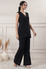 Black V Neck Cotton Plain Co-Ord Set