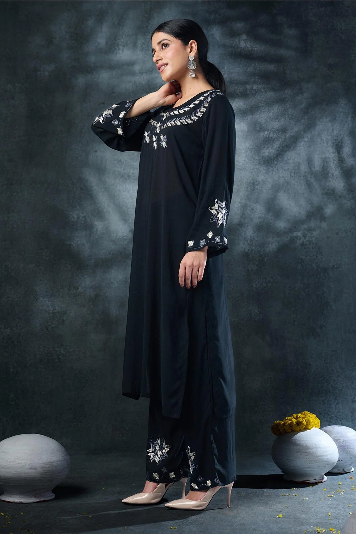 Black Rayon Embroidered Co-Ord Set - red rayon saree embroidered