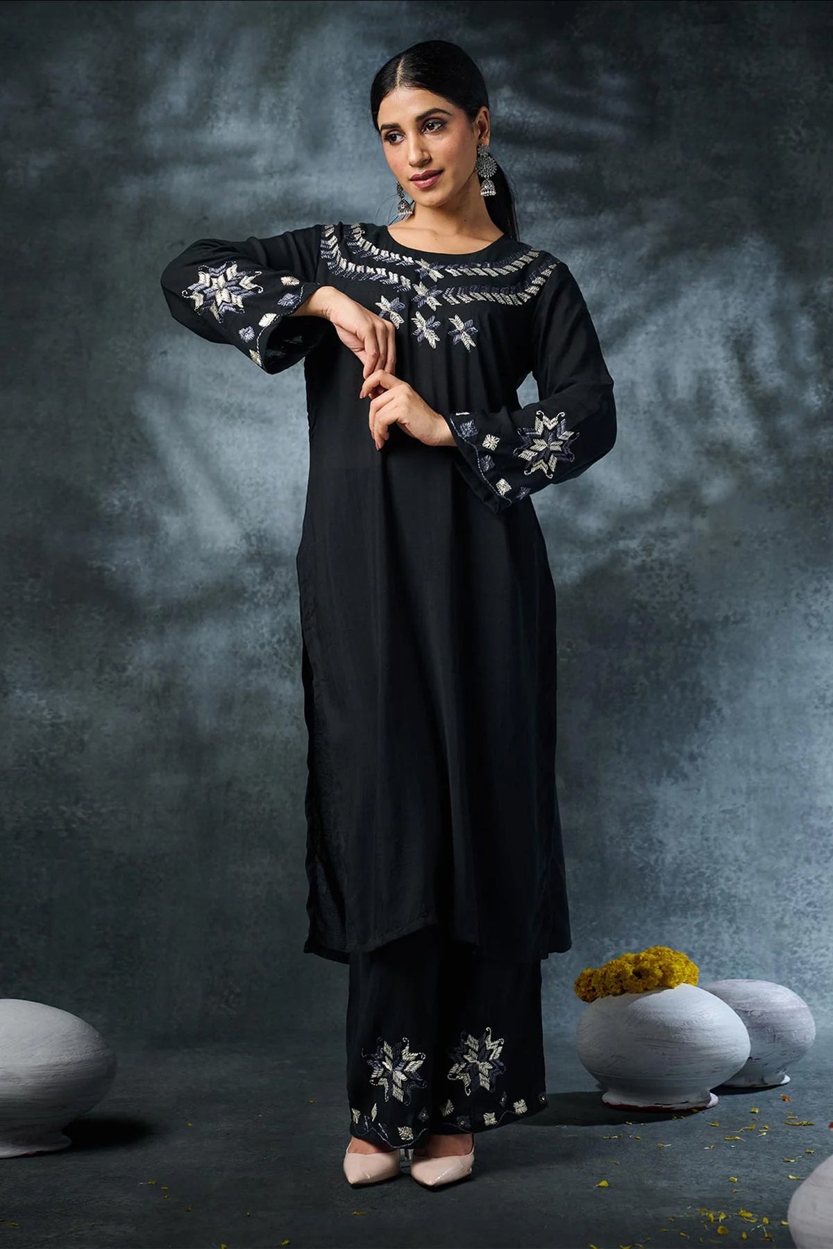 Black Rayon Embroidered Co-Ord Set - red rayon saree embroidered