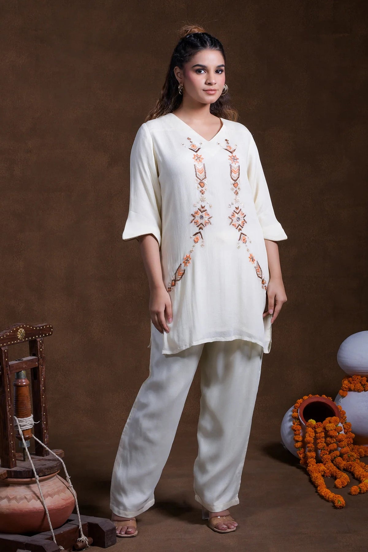 Off White Rayon Embroidered Co-Ord Set - red rayon saree embroidered