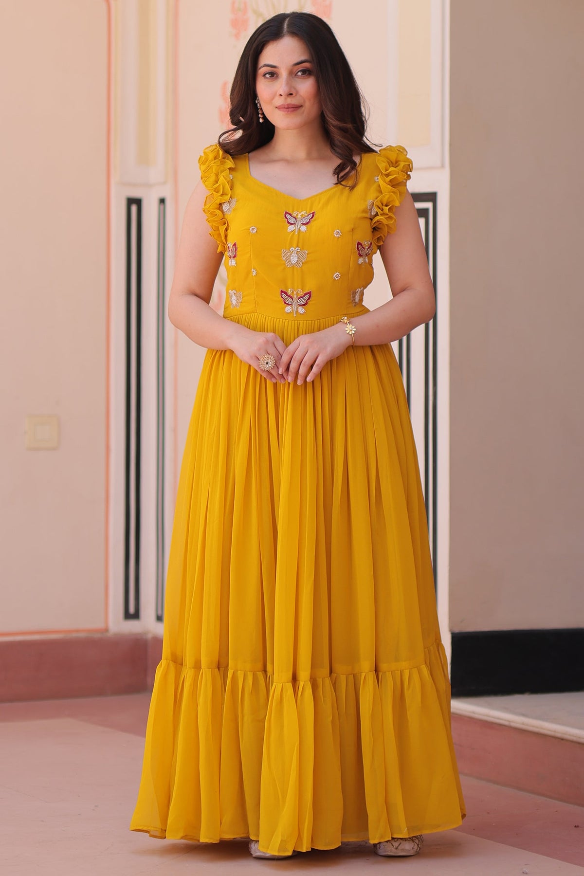Yellow Georgette Flared Anarkali Kurti with Butterfly Motif