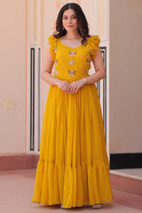 Yellow Georgette Flared Anarkali Kurti with Butterfly Motif