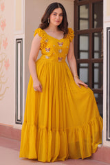 Yellow Georgette Flared Anarkali Kurti with Butterfly Motif