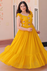 Yellow Georgette Flared Anarkali Kurti with Butterfly Motif