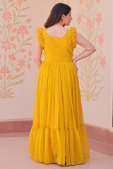Yellow Georgette Flared Anarkali Kurti with Butterfly Motif