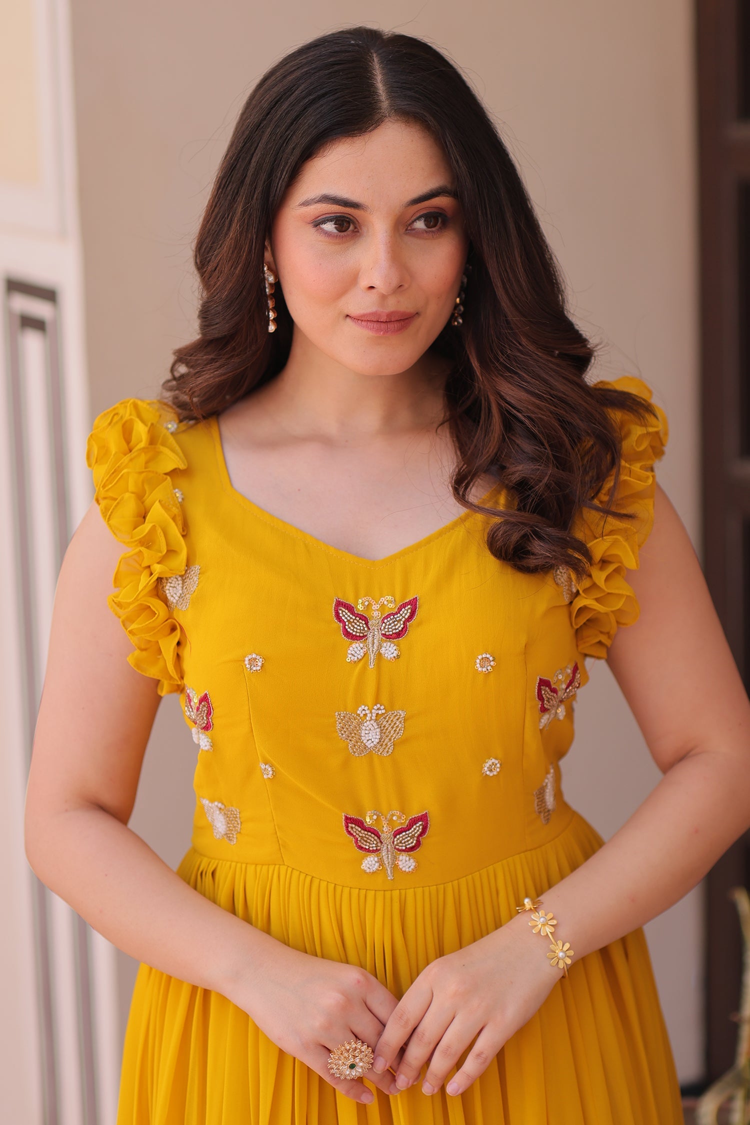 Yellow Georgette Flared Anarkali Kurti with Butterfly Motif
