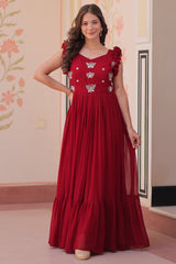 Maroon Georgette Flared Anarkali Kurti with Butterfly Motif