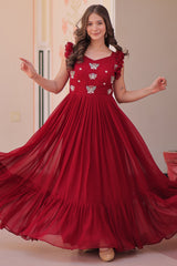 Maroon Georgette Flared Anarkali Kurti with Butterfly Motif