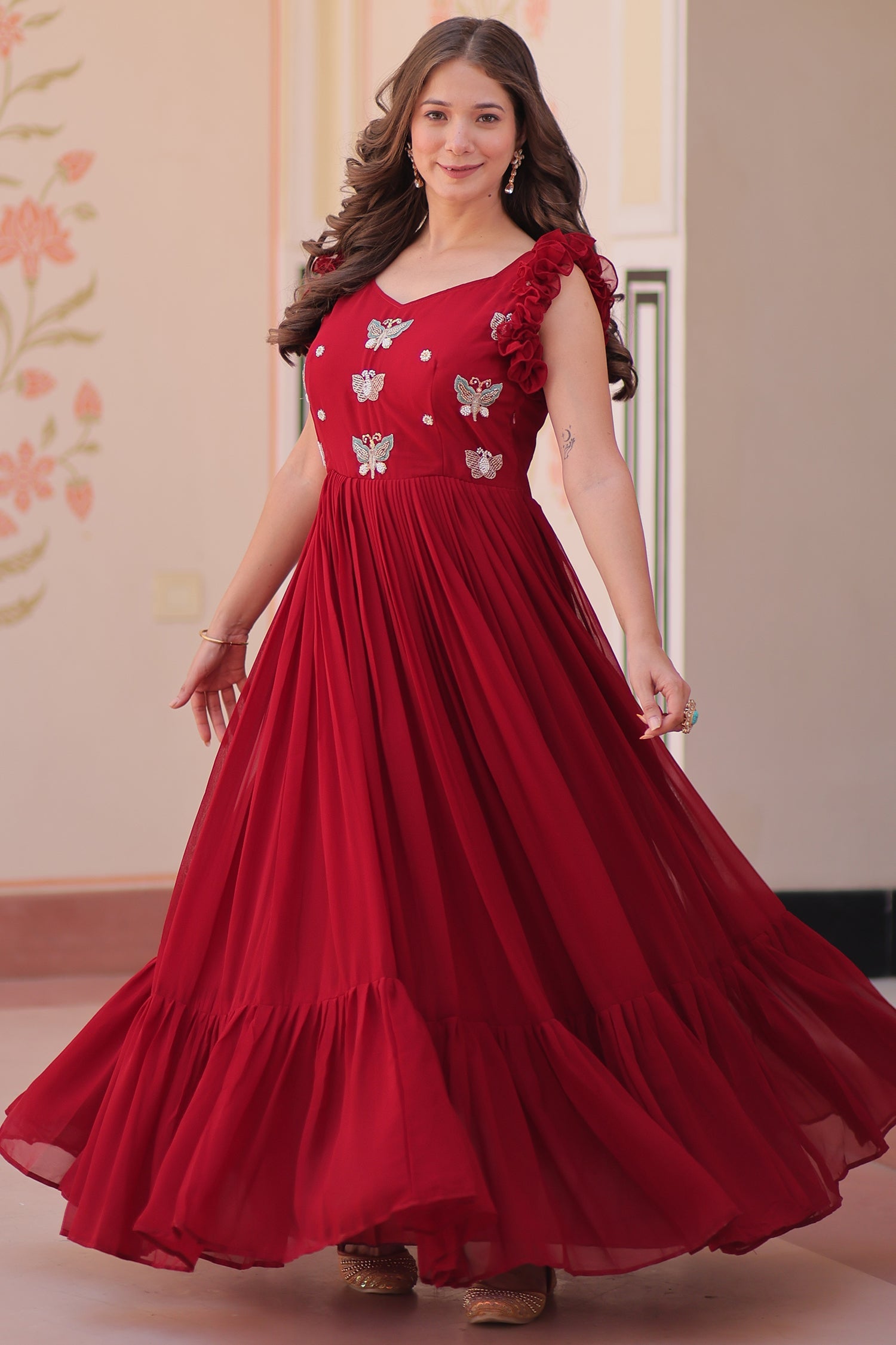 Maroon Georgette Flared Anarkali Kurti with Butterfly Motif