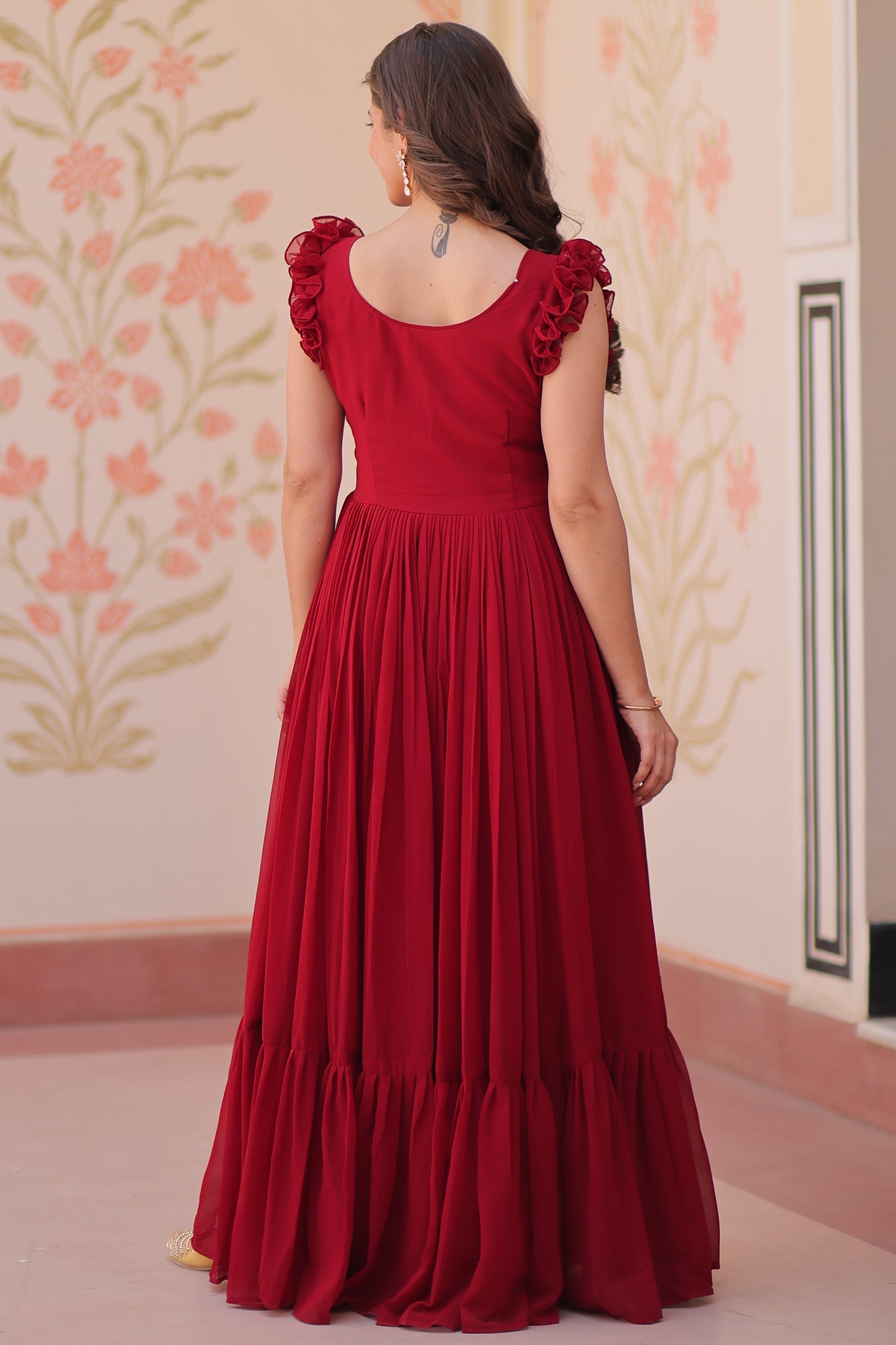 Maroon Georgette Flared Anarkali Kurti with Butterfly Motif