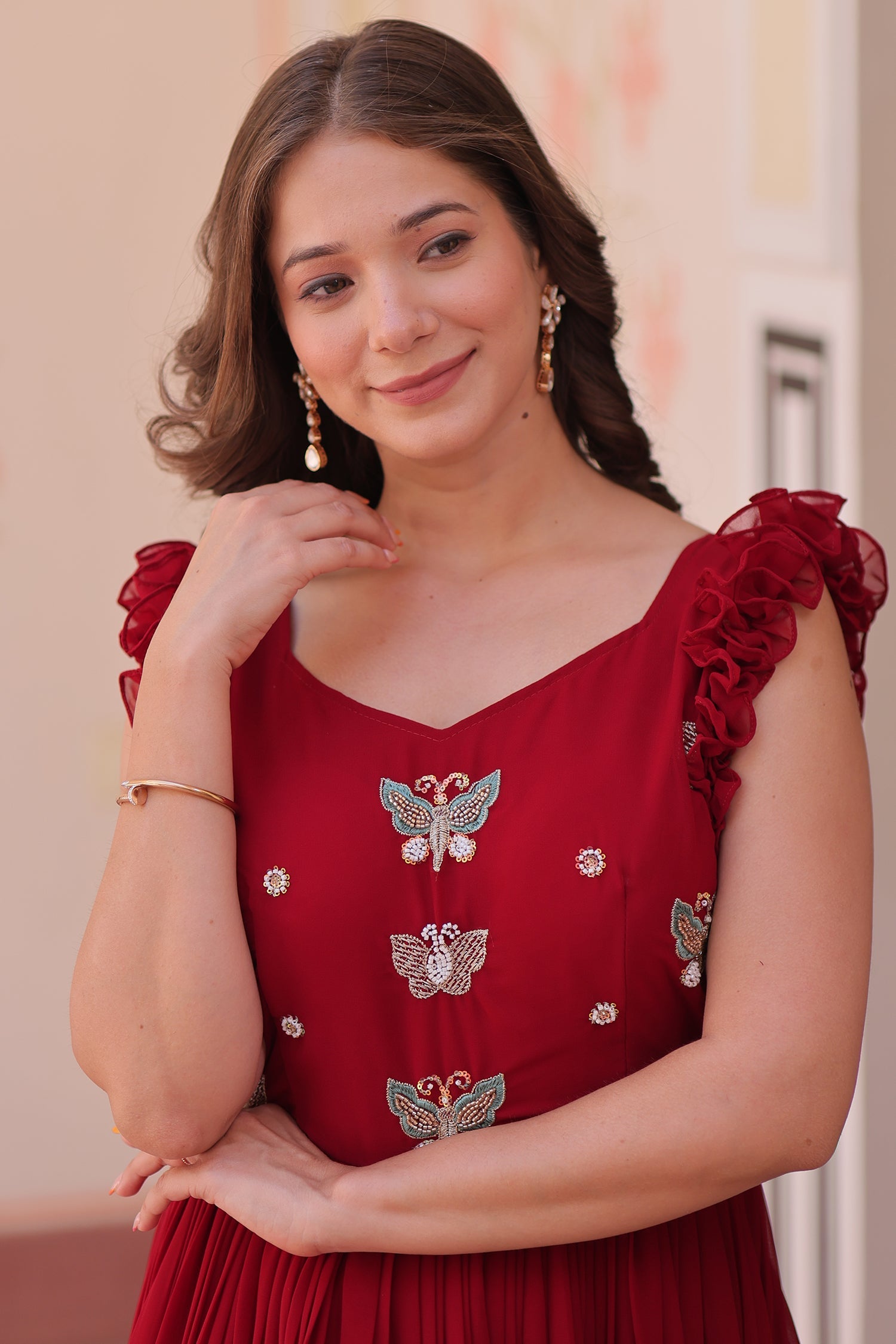 Maroon Georgette Flared Anarkali Kurti with Butterfly Motif