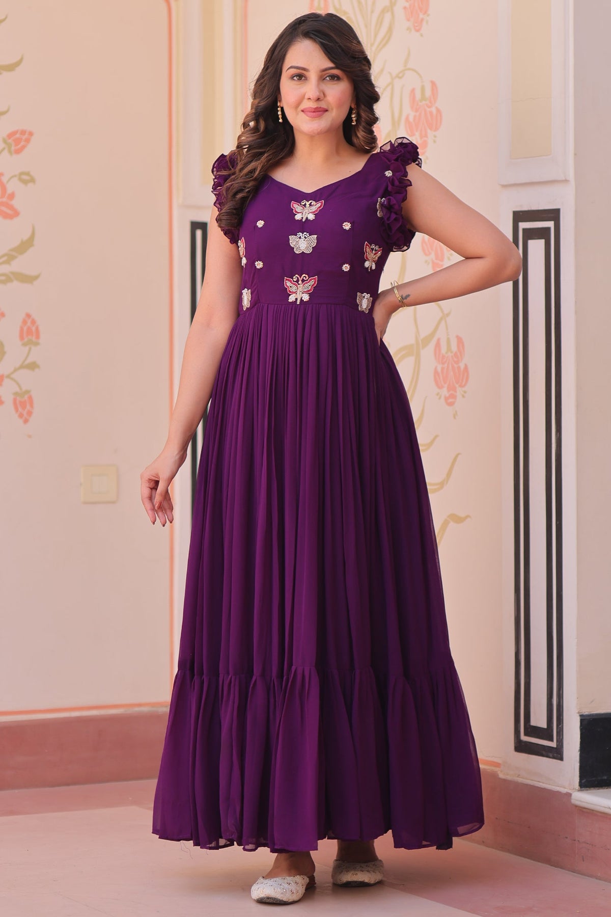 Purple Georgette Flared Anarkali Kurti with Butterfly Motif