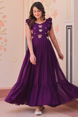 Purple Georgette Flared Anarkali Kurti with Butterfly Motif