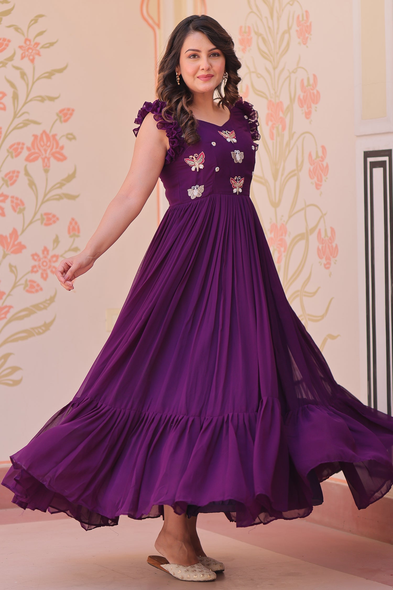 Purple Georgette Flared Anarkali Kurti with Butterfly Motif