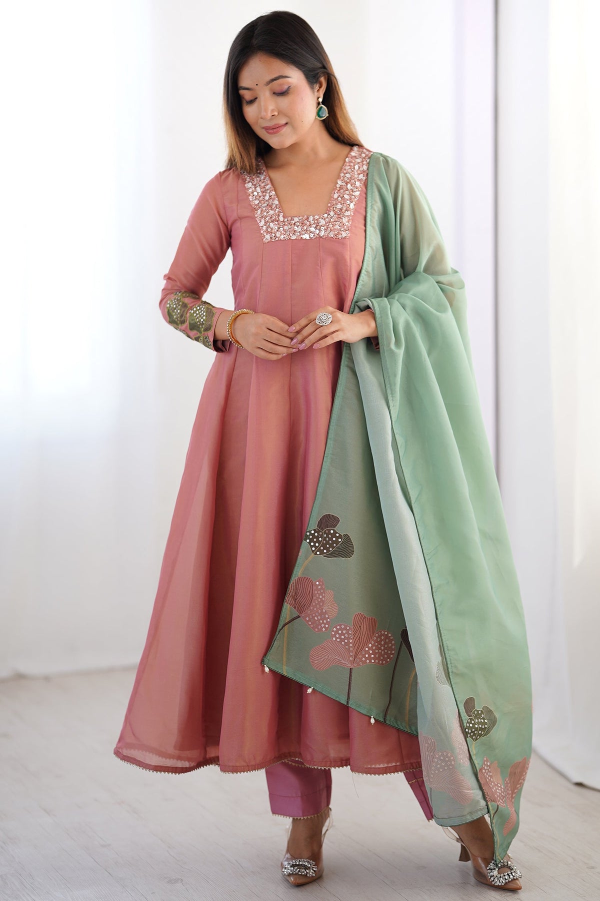 Peach Tissue Silk Sequinned Square Neck Anarkali Kurti Set