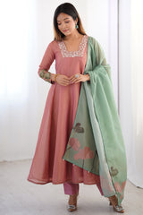 Peach Tissue Silk Sequinned Square Neck Anarkali Kurti Set