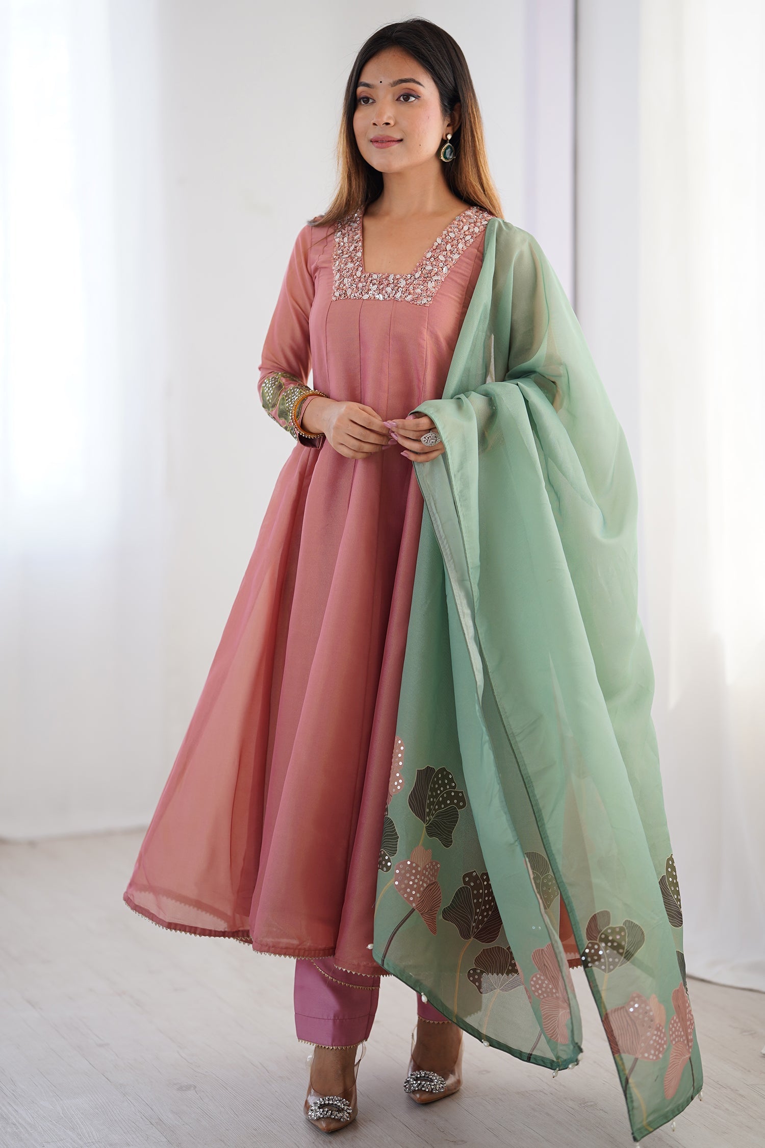Peach Tissue Silk Sequinned Square Neck Anarkali Kurti Set