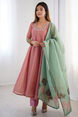 Peach Tissue Silk Sequinned Square Neck Anarkali Kurti Set