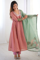 Peach Tissue Silk Sequinned Square Neck Anarkali Kurti Set
