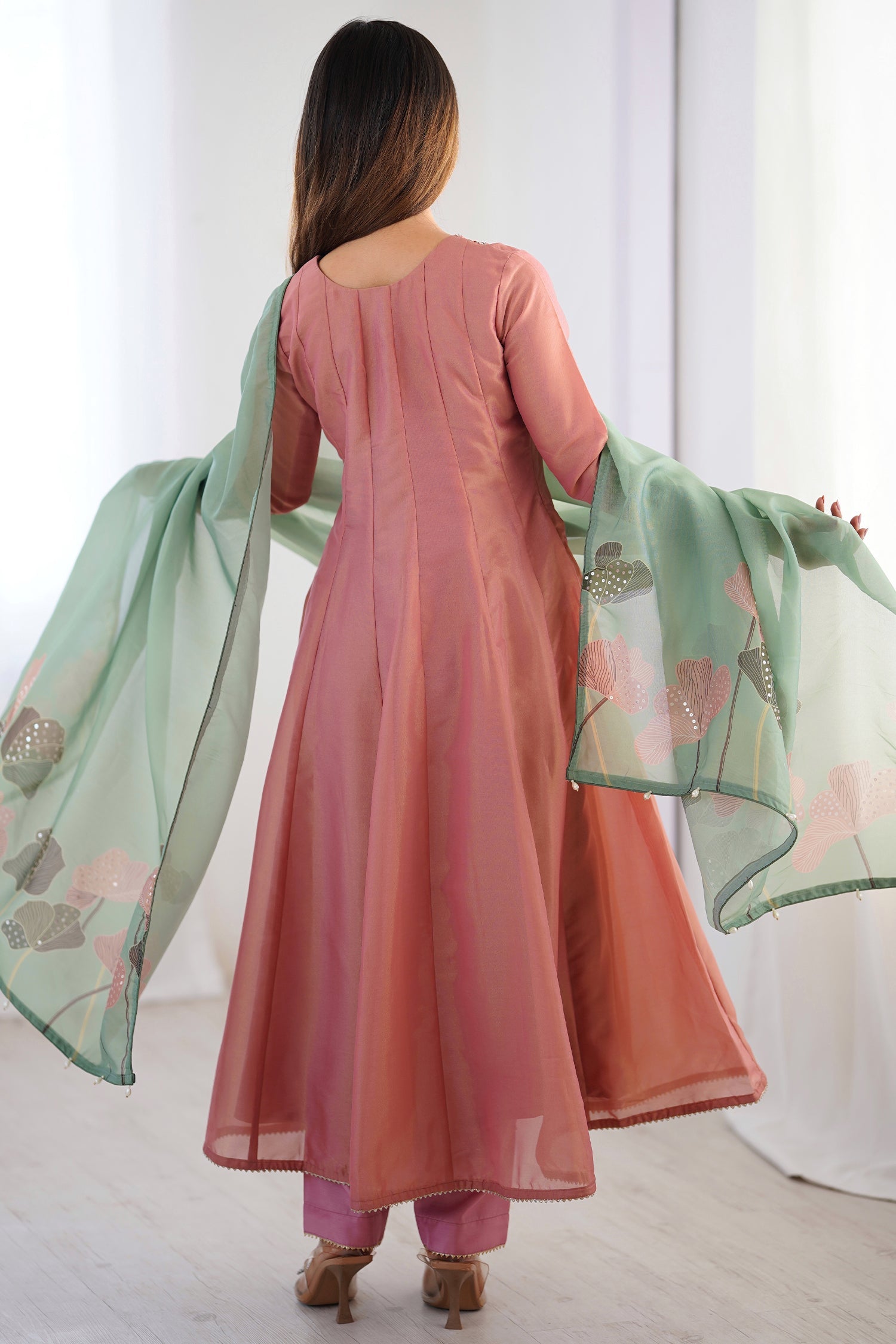 Peach Tissue Silk Sequinned Square Neck Anarkali Kurti Set