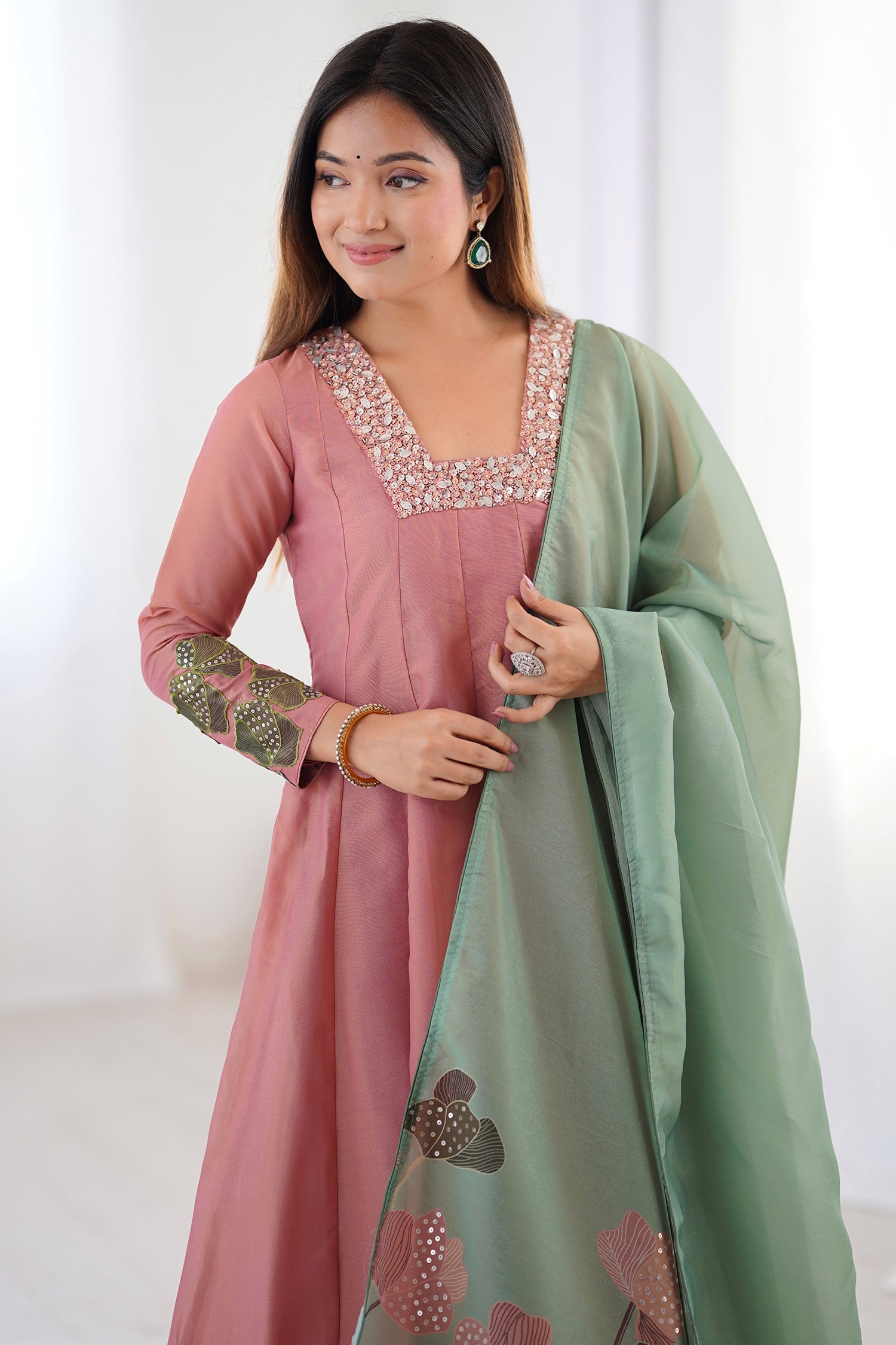 Peach Tissue Silk Sequinned Square Neck Anarkali Kurti Set