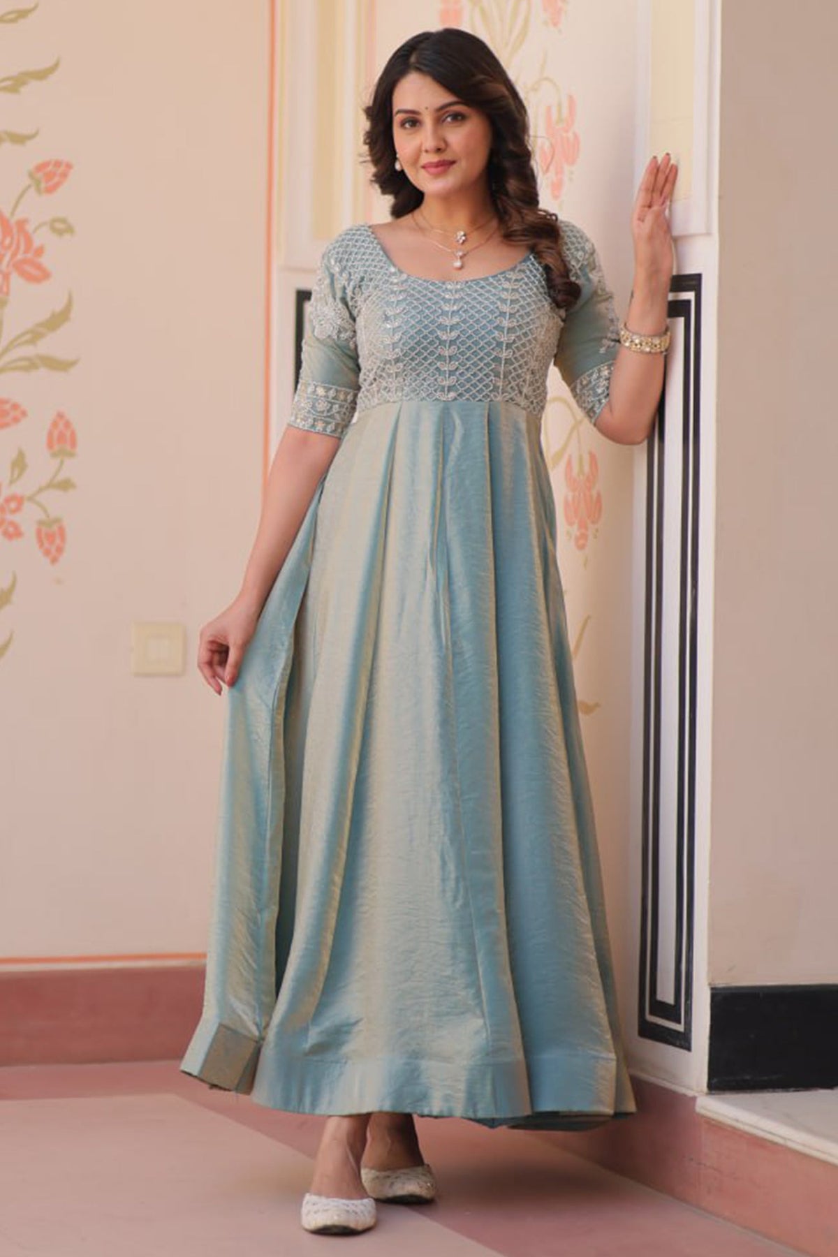 Light Blue Soft Organza Silk Anarkali Kurti with Cutdana and Sequin Bodice