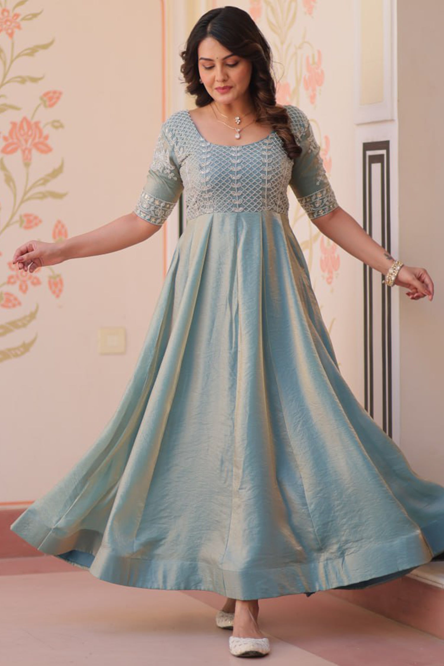 Light Blue Soft Organza Silk Anarkali Kurti with Cutdana and Sequin Bodice