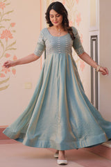 Light Blue Soft Organza Silk Anarkali Kurti with Cutdana and Sequin Bodice