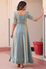 Light Blue Soft Organza Silk Anarkali Kurti with Cutdana and Sequin Bodice