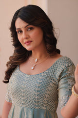 Light Blue Soft Organza Silk Anarkali Kurti with Cutdana and Sequin Bodice